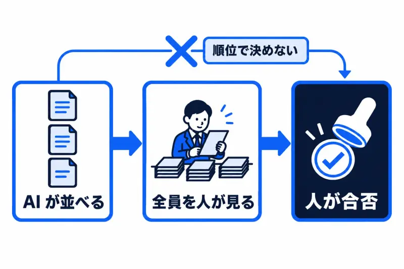 AI が応募書類を並べても、その順位で合否を決めず、全員の書類を人が一度は見てから、人が合否を決める、という運用の流れを示した図。