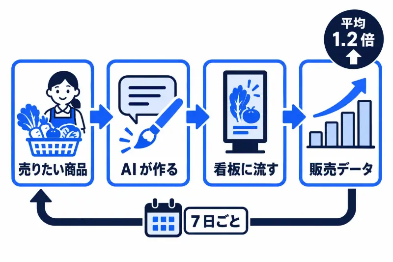 店が売りたい商品を決め、生成 AI が広告を作り、店内の看板に流し、販売データで効果を確かめる。7 日ごとに差し替え、売上は平均 1.2 倍になった流れの図。