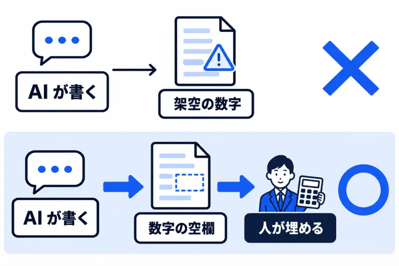 AI に数字まで書かせると架空の数字が混ざるおそれがある。数字の箇所を空欄にして書かせ、人が後から埋める形にすると、数字の作り話を防げることを比べた図。