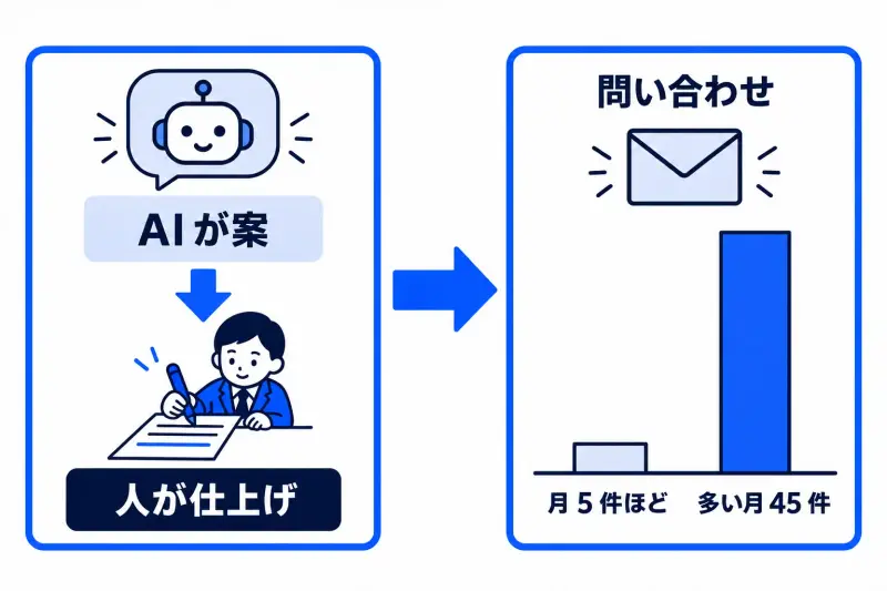 広告づくりを、AI が案を出し営業担当が仕上げる形に変えた。広告経由の問い合わせは月 5 件ほどから、多い月で 45 件まで増えたことを示す図。