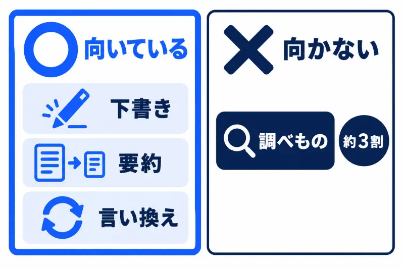 ChatGPT に向いているのは下書き、要約、言い換え。向かないのは調べもので、横須賀市の実証では使い方の約 3 割が調べものだったことを左右に比べた図。