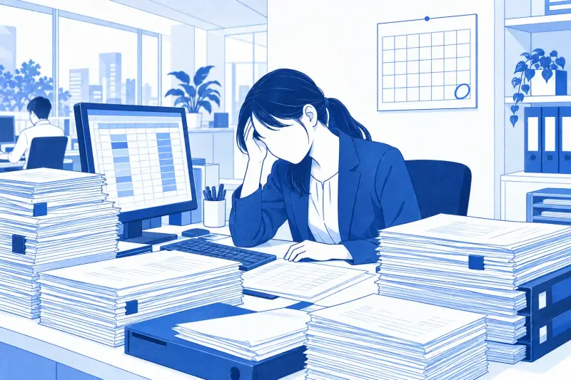 積まれた請求書と表計算の画面を前に疲れた社員