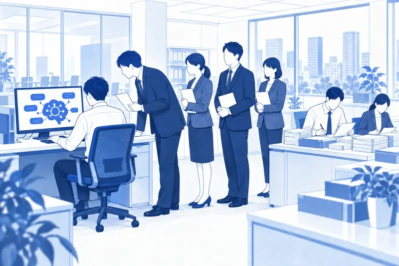 AI に詳しい社員に質問の列ができている様子