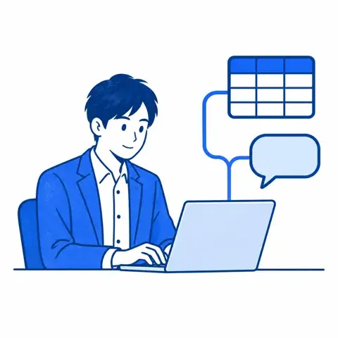 パソコンから表やチャットへ線がつながる様子